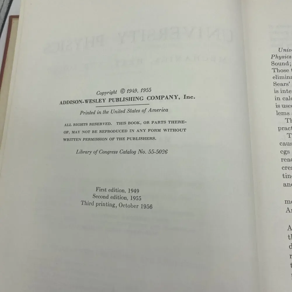 1955 University Physics COMPLETE EDITION By Sears & Zemansky 2nd Ed Hardcover
